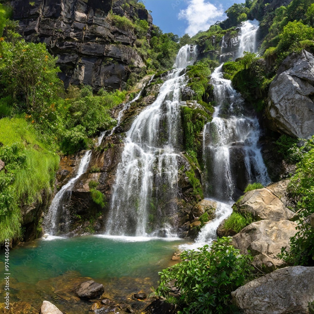Obraz premium Crystal Clear Waterfall Cascading Down Rocky Cliffs, Surrounded by Lush Greenery