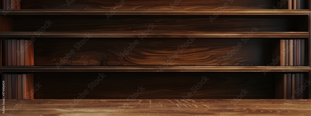 Empty bookshelf with brown painted wood, front view Empty bookshelf with brown painted wood, front view