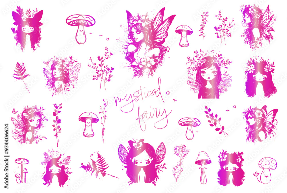 Obraz premium Fantasy characters for magical designs. Silhouettes of little fairy girls surrounded by butterflies and plants illustrations. Magical Fairies - Various grasses and plants for magical fairy kingdoms.