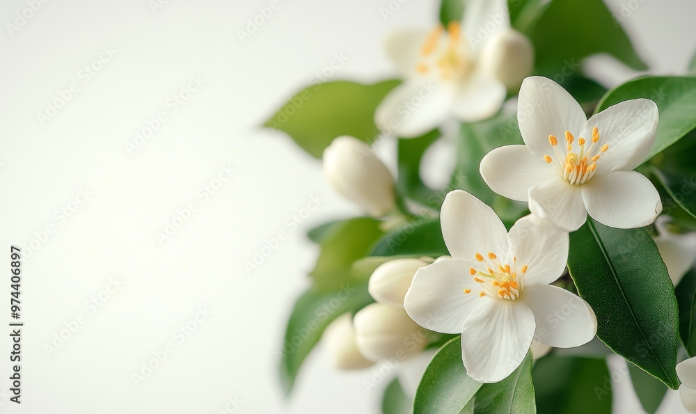 Fototapeta premium Beautiful White Jasmine Flowers With Green Leaves Brightening a Light Background in Spring