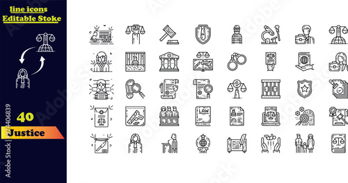 Editable stroke icon set for justice, featuring icons related to law, courts, legal matters, lawyers, briefcases, judgments, authority, criminals, and prisons.