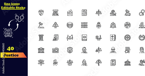 Editable stroke icon set for justice, featuring icons related to law, courts, legal matters, lawyers, briefcases, judgments, authority, criminals, and prisons.