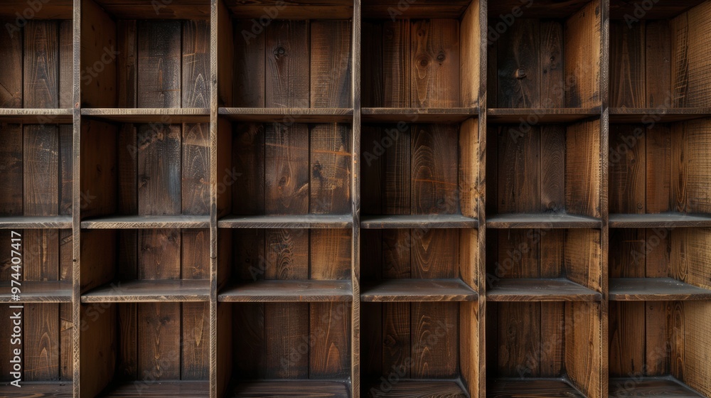 Empty bookshelf with brown painted wood, front view Empty bookshelf with brown painted wood, front view