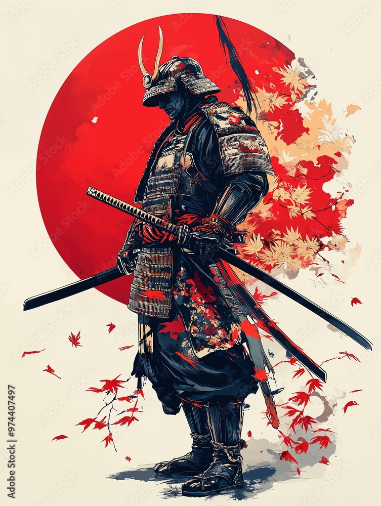 Fototapeta premium Silhouette of a samurai warrior holding two swords, set against a bold red sun, capturing a powerful and dynamic image of honor and battle in traditional Japanese style. 