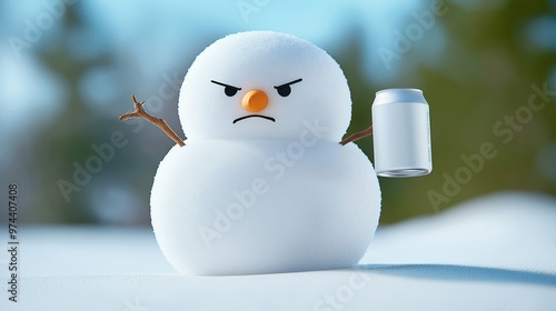 A snowman is holding a can of beer and looks angry. Concept of humor and a lighthearted mood photo