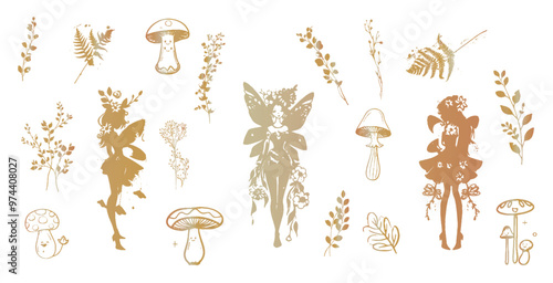 Magical Fairies - Silhouettes of little fairy girls surrounded by butterflies and plants illustrations. Various grasses and plants for magical fairy kingdoms. Fantasy characters for magical designs.