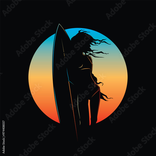 Original vector vintage illustration. A girl with a surfboard on the background of the sunset. T-shirt Design.