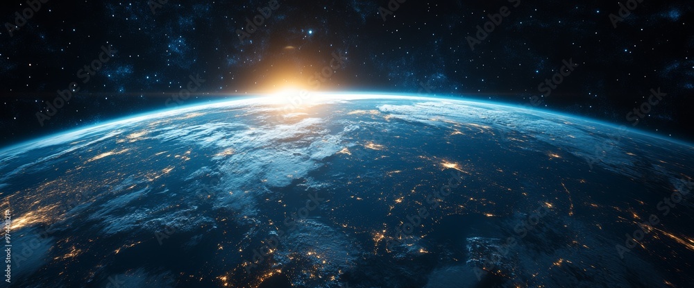 Fototapeta premium Sunrise Over Earth Viewed From Space Highlighting Clouds and City Lights at Dawn