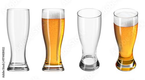Glass with beer on isolated transparent background. Set of empty glasses and with drink in different angles. Bar theme. 3d rendering.