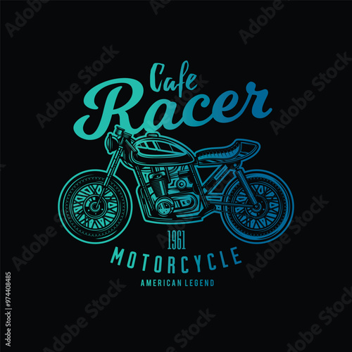 Cafe racer custom motorcycle. Original vector illustration in vintage style isolated on black background. T-shirt design.