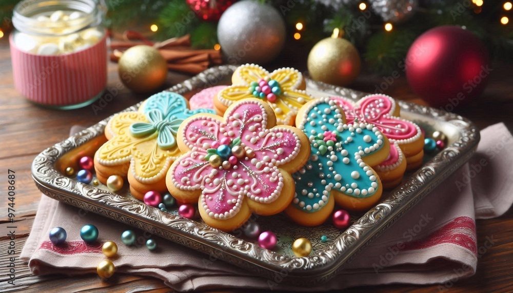 Buntes Weihnachtsgebäck mit Zuckerguß und Zuckerperlen Buntes Weihnachtsgebäck mit Zuckerguß und Zuckerperlen