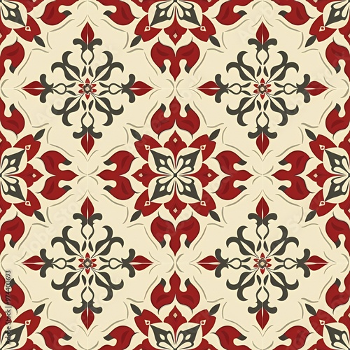 Intricate red and black floral pattern on a cream background.