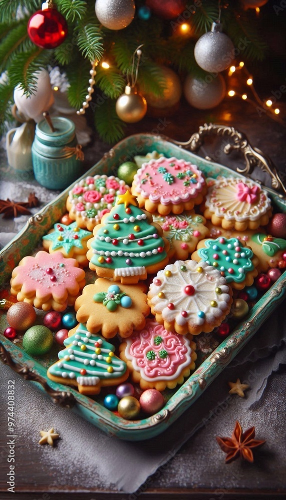 Buntes Weihnachtsgebäck mit Zuckerguß und Zuckerperlen Buntes Weihnachtsgebäck mit Zuckerguß und Zuckerperlen