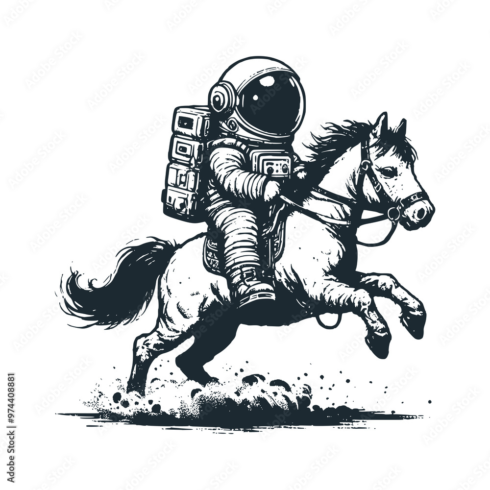 Cute astronaut riding a horse . Black white vector. Icon and logo illustration. Cute astronaut riding a horse . Black white vector. Icon and logo illustration.