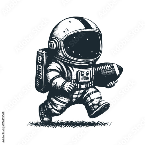 Cute astronaut playing american football. Black white vector. Icon and logo illustration.