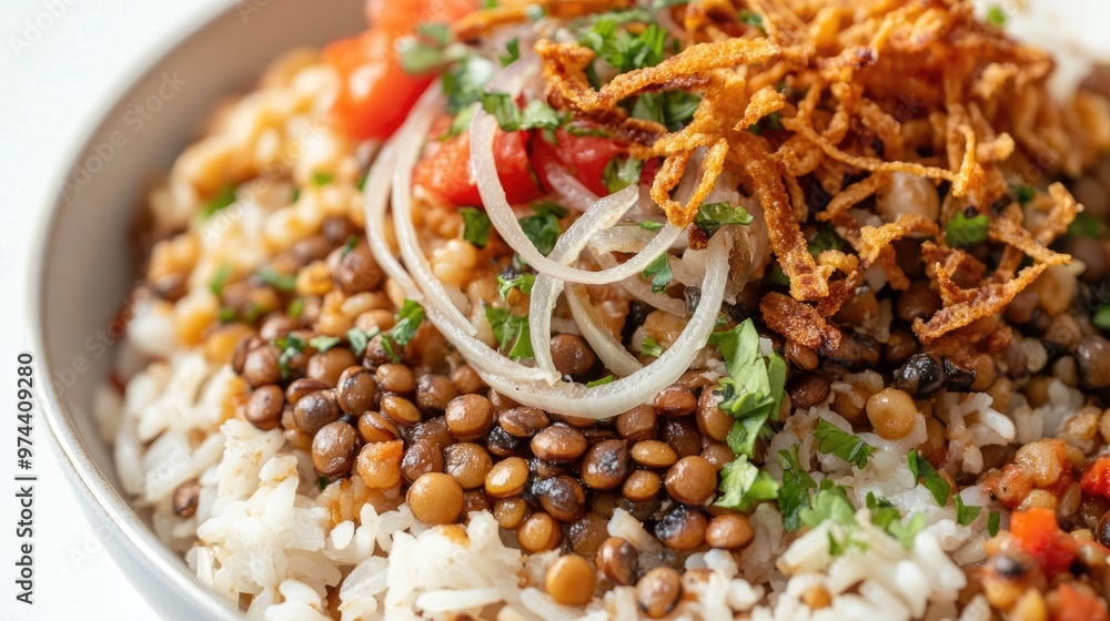 Close-up of Egyptian koshari, with rice, lentils, pasta, and crispy onions, presented on a white background for a clean and vibrant look. Close-up of Egyptian koshari, with rice, lentils, pasta, and crispy onions, presented on a white background for a clean and vibrant look.