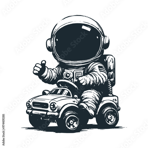 Cute astronaut riding car toys. Black white vector. Icon and logo illustration.