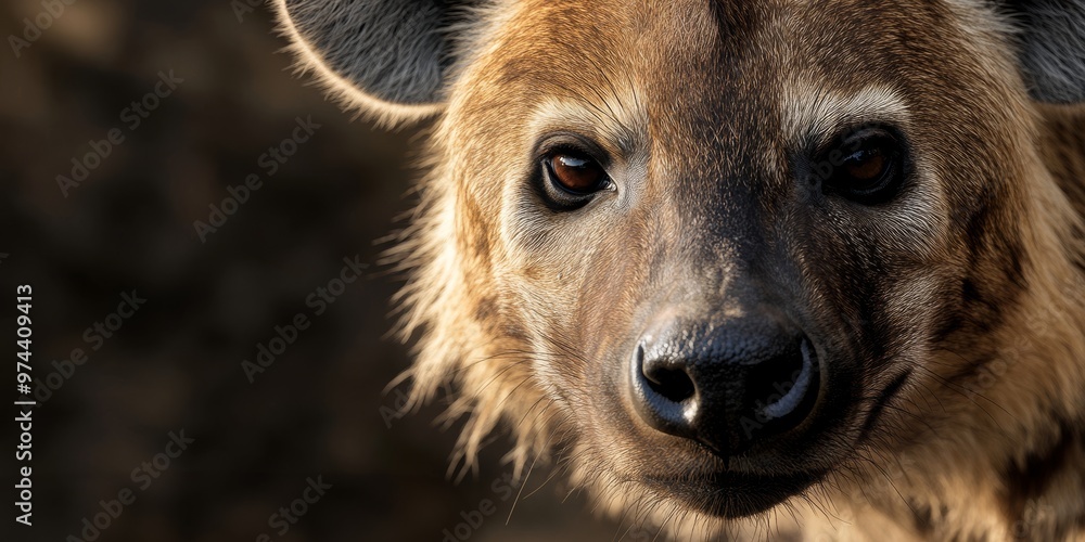 Obraz premium Close-up of a hyena's head, emphasizing its focused expression and textured fur under soft lighting