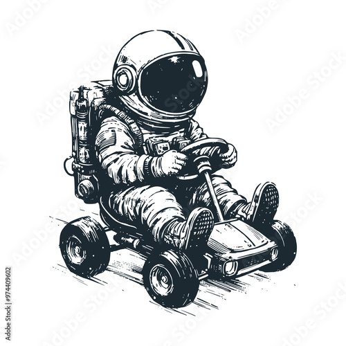 Cute astronaut riding car toys. Black white vector. Icon and logo illustration.