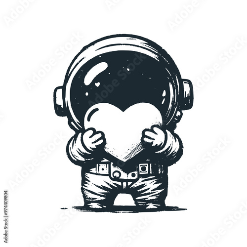 Cute astronaut hug a love heart. Black white vector icon and logo illustration.