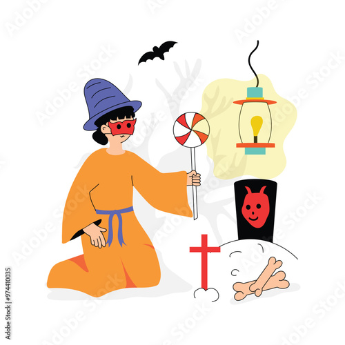 A person in a wizard hat sorts through a variety of Halloween candies