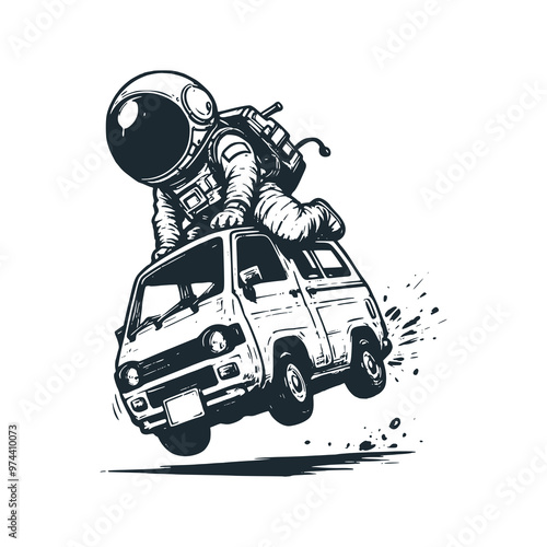 Cute astronaut on the hood of the van car. Black white vector. Icon and logo illustration.