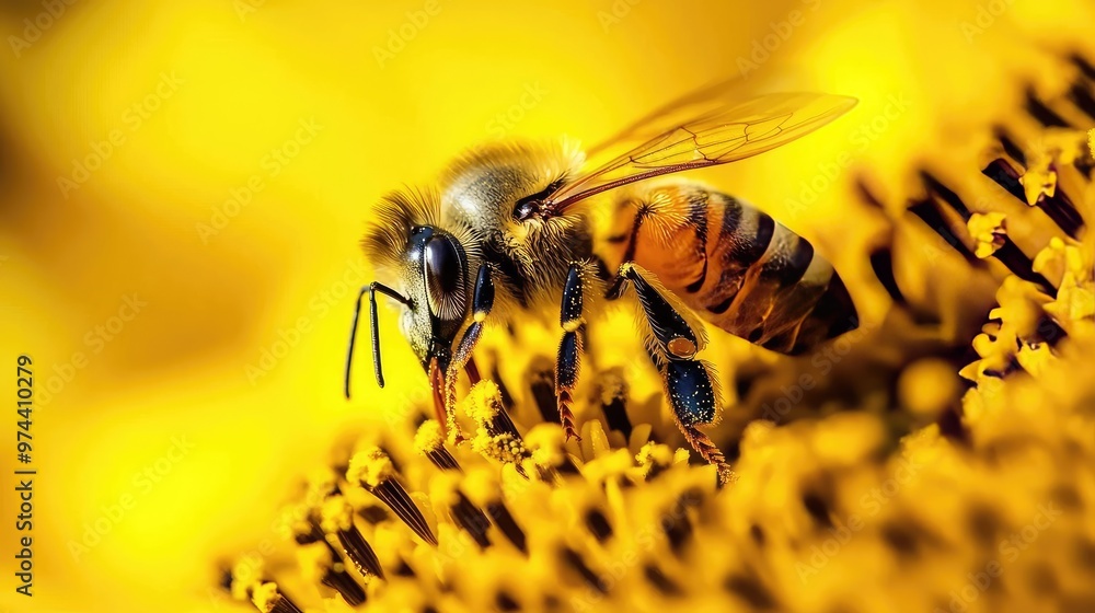 Close-up view of a bee busy collecting pollen from a sunflower, emphasizing the vital connection between pollinators and flowers.