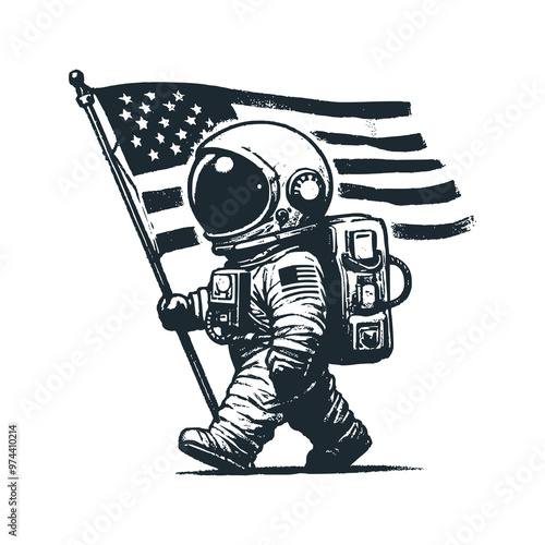 Cute astronaut holding an US America flag. Black white vector. Icon and logo illustration.