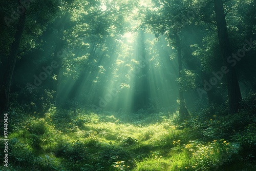 A peaceful forest clearing bathed in sunlight
