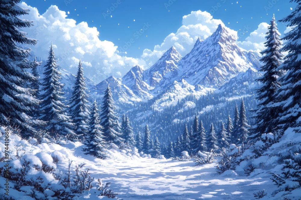 Serene 16-Bit Winter Wonderland: Pixelated Pine Trees in Snowy Forest with Clean Retro Vibe Serene 16-Bit Winter Wonderland: Pixelated Pine Trees in Snowy Forest with Clean Retro Vibe