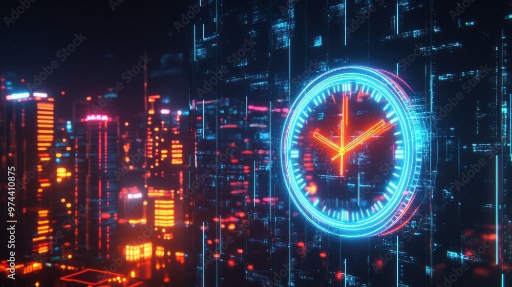 A neon-lit clock icon with glowing numbers, symbolizing the late-night hours or time in a cityscape A neon-lit clock icon with glowing numbers, symbolizing the late-night hours or time in a cityscape
