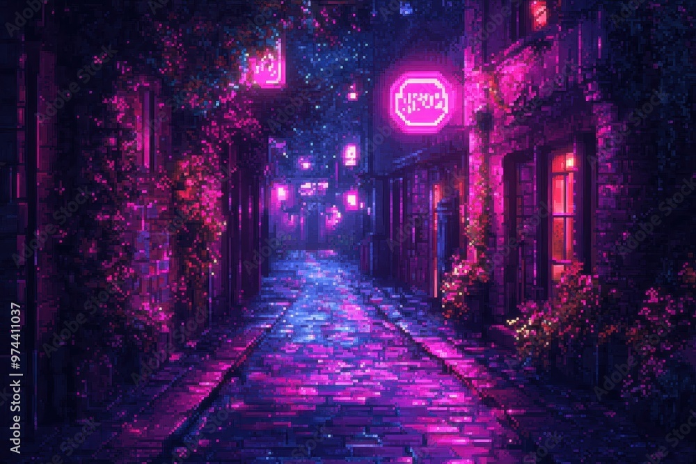Futuristic Cyberpunk Alley with Pixelated Neon Signs and Vibrant 16-Bit Design Futuristic Cyberpunk Alley with Pixelated Neon Signs and Vibrant 16-Bit Design