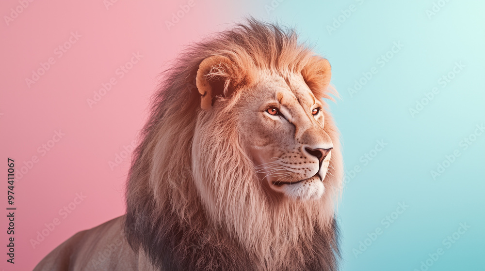 This image shows a lion looking ahead with determination and hope in its eyes. The sun is setting behind it, illuminating its fur and the surrounding landscape. This image shows a lion looking ahead with determination and hope in its eyes. The sun is setting behind it, illuminating its fur and the surrounding landscape.