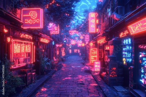 Wallpaper Mural Retro-futuristic Cyberpunk Alley with Pixelated Neon Signs and Vibrant 16-Bit Hues in Clean Design Torontodigital.ca