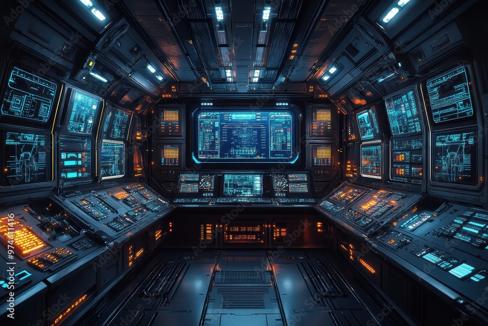 Fototapeta premium Pixelated Future: Retro Sci-Fi Control Room with Glowing Buttons and Robotic Arms in 16-Bit Style