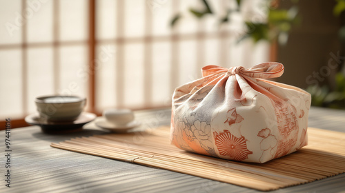 Soft Furoshiki Wrap with Delicate Floral Print on Japanese Tea Table