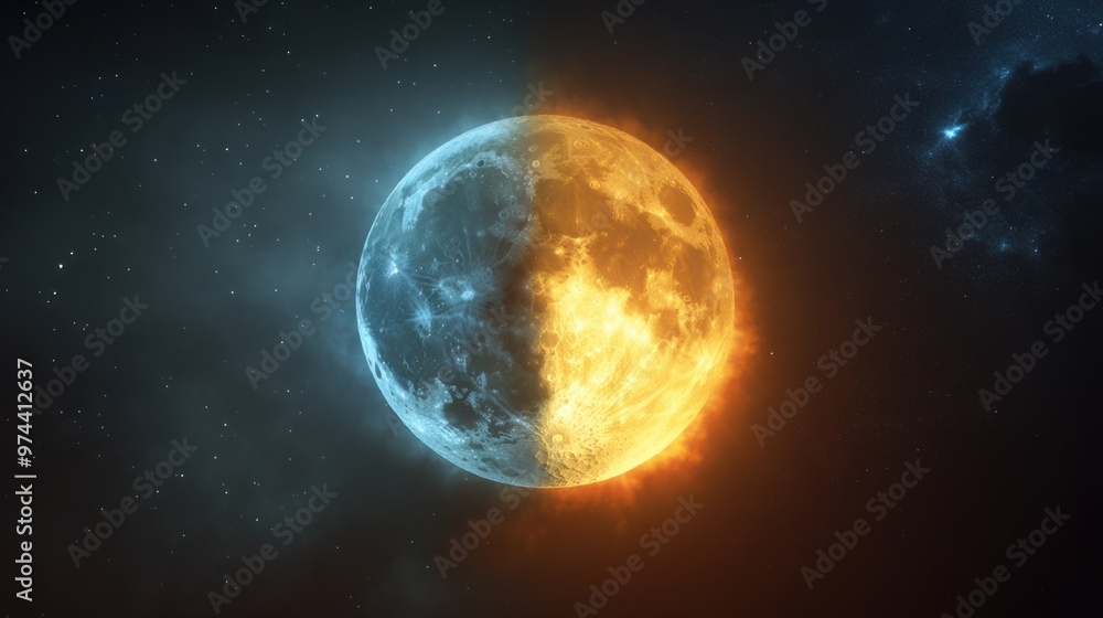 Fototapeta premium A sun and moon time icon, transitioning from day to night, representing the natural cycle of time