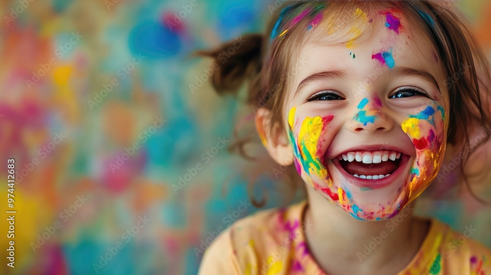 A happy child with colorful paint on their face and shirt laughs joyfully, surrounded by a vibrant, artistic background. A happy child with colorful paint on their face and shirt laughs joyfully, surrounded by a vibrant, artistic background.