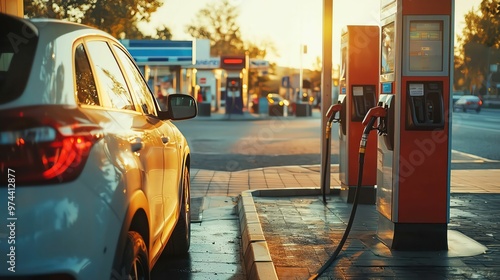 Car at the pump, fueling up next to a road leading into the distance, clear sunny day, vehicle in focus, journey concept, gas station and road elements in balance photo