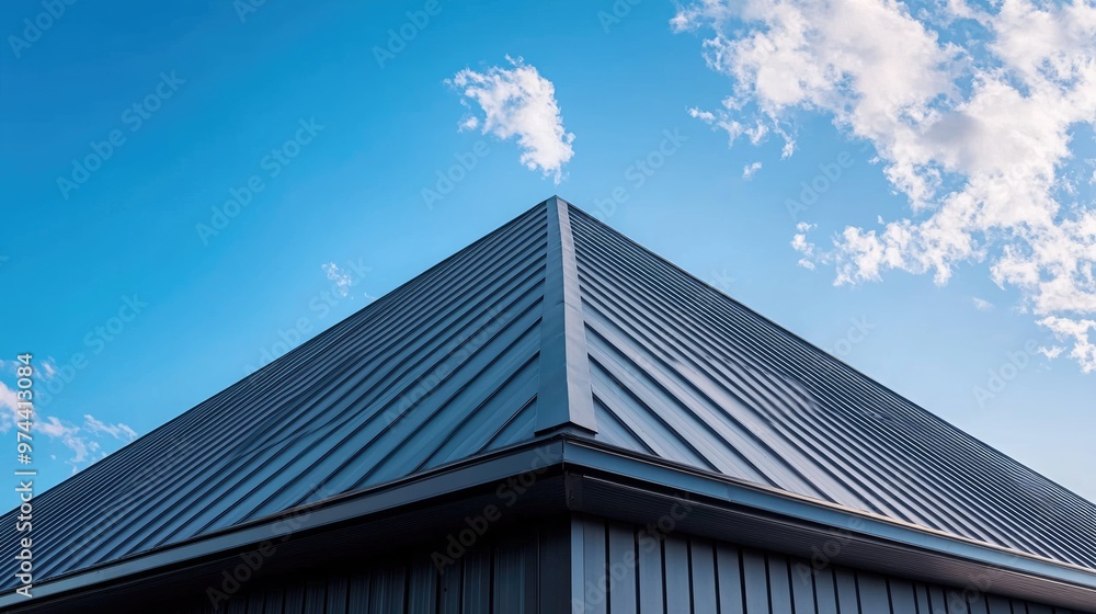 A sleek, angular metal roof of a modern building extends upward against a bright blue sky. A sleek, angular metal roof of a modern building extends upward against a bright blue sky.