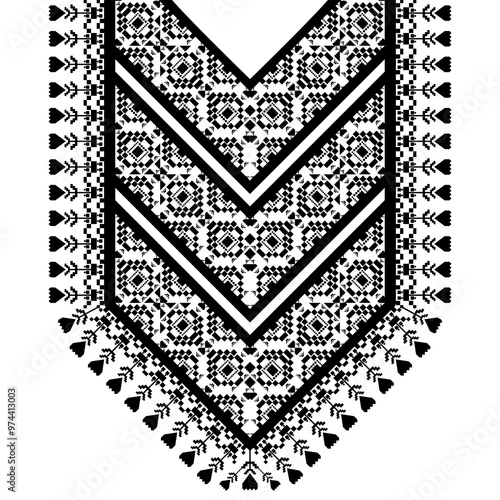 Geometric ethnic neckline pattern. traditional design. decoration, background, pixel art, textile, fabric, clothing, ornament. embroidery style.