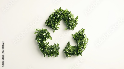 A creative recycling symbol formed from lush green leaves, representing sustainability, eco-friendly practices.