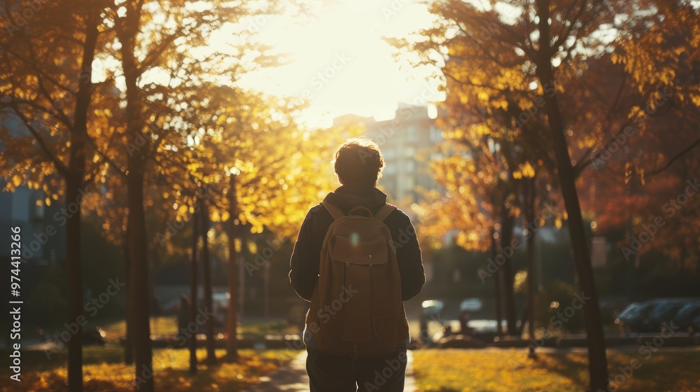 Obraz premium Back view of a student wearing a backpack walking through a sunlit campus with autumn trees and golden sunlight.