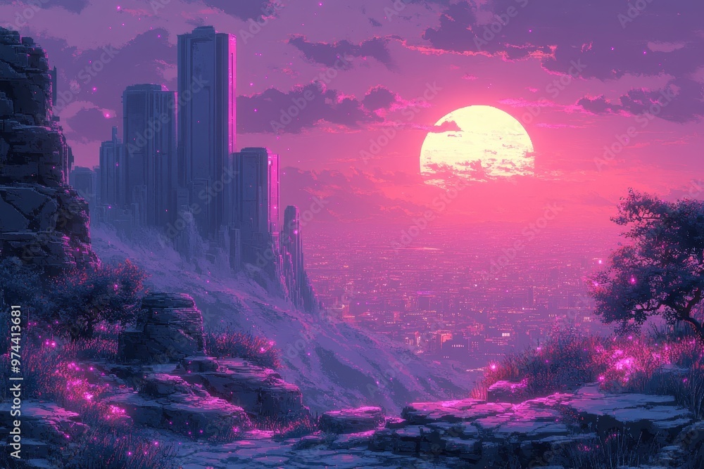 Retro Pixelated Alien Planet Landscape with Glowing Plants and Floating Rocks in 16-Bit Style with Distant City View Retro Pixelated Alien Planet Landscape with Glowing Plants and Floating Rocks in 16-Bit Style with Distant City View