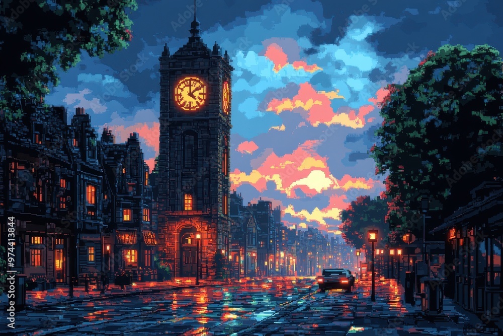 Fototapeta premium Retro Pixelated Clock Tower with Swinging Pendulum and Warm Colors in 16-Bit Style