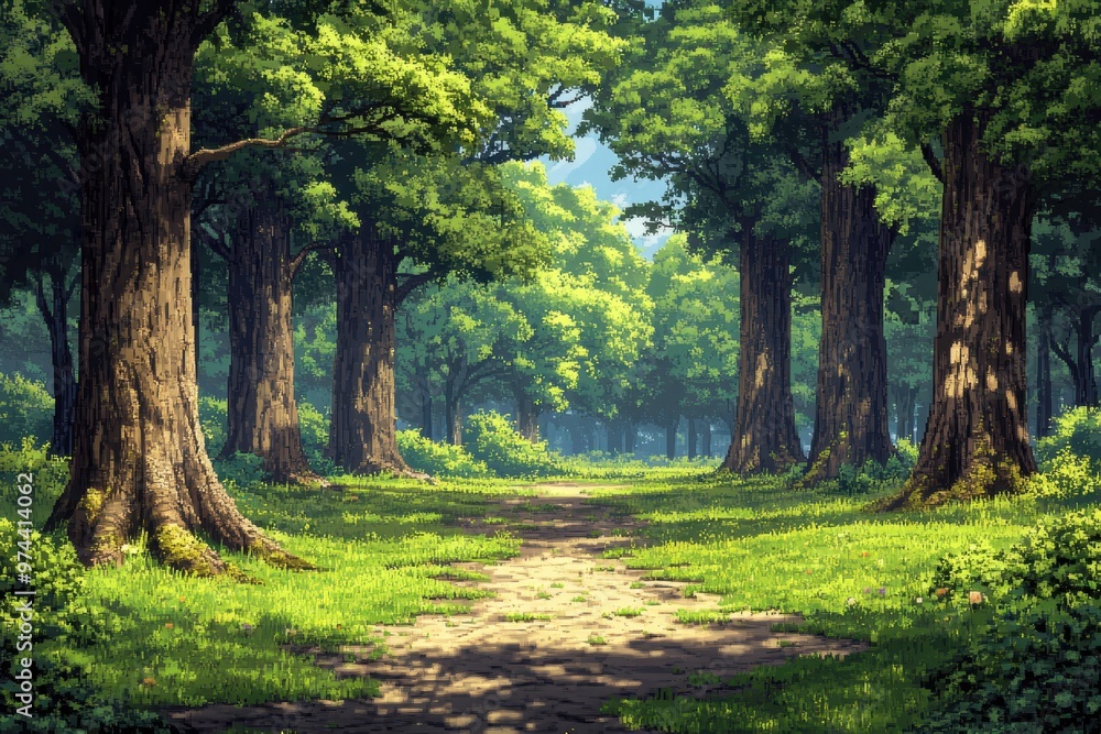 8-Bit Pixelated Forest: Retro Minimalist Landscape with Towering Trees and Clear Path in Vibrant Colors 8-Bit Pixelated Forest: Retro Minimalist Landscape with Towering Trees and Clear Path in Vibrant Colors