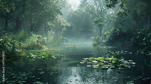 Serene Tropical Rainforest Pond with Water Lilies and Mist