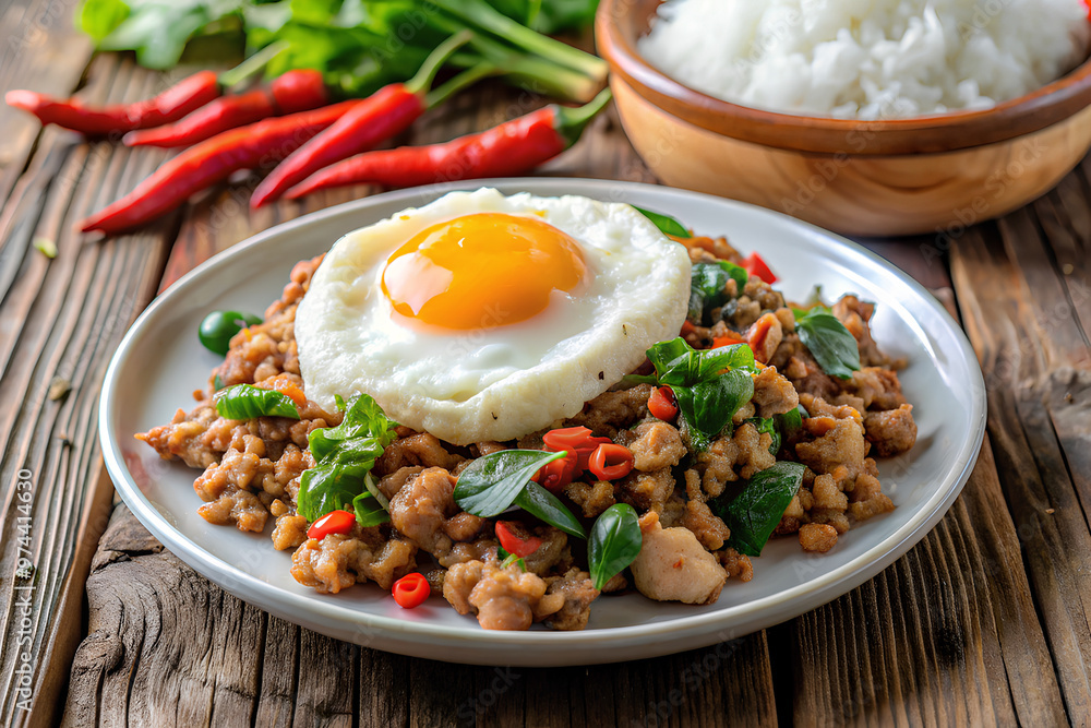 Stir-fried basil with pork and fried egg on table, Thai food concept Stir-fried basil with pork and fried egg on table, Thai food concept