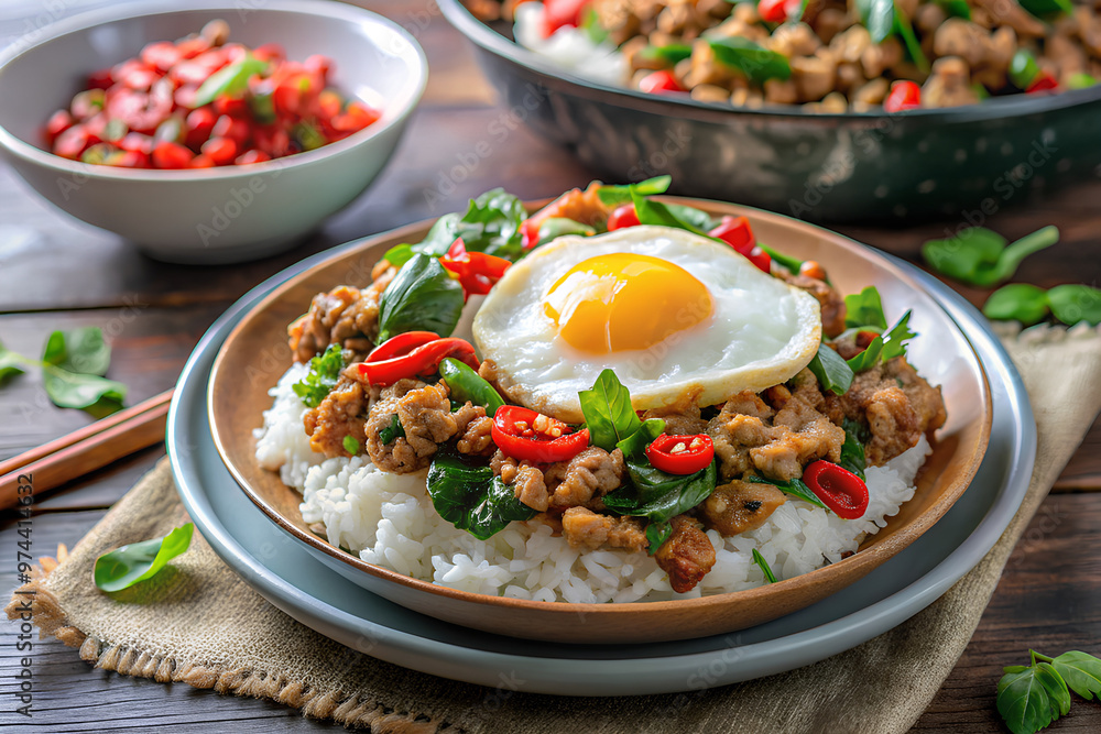 Stir-fried basil with Pork and fried egg on rice, on modern table, Thai food concept Stir-fried basil with Pork and fried egg on rice, on modern table, Thai food concept