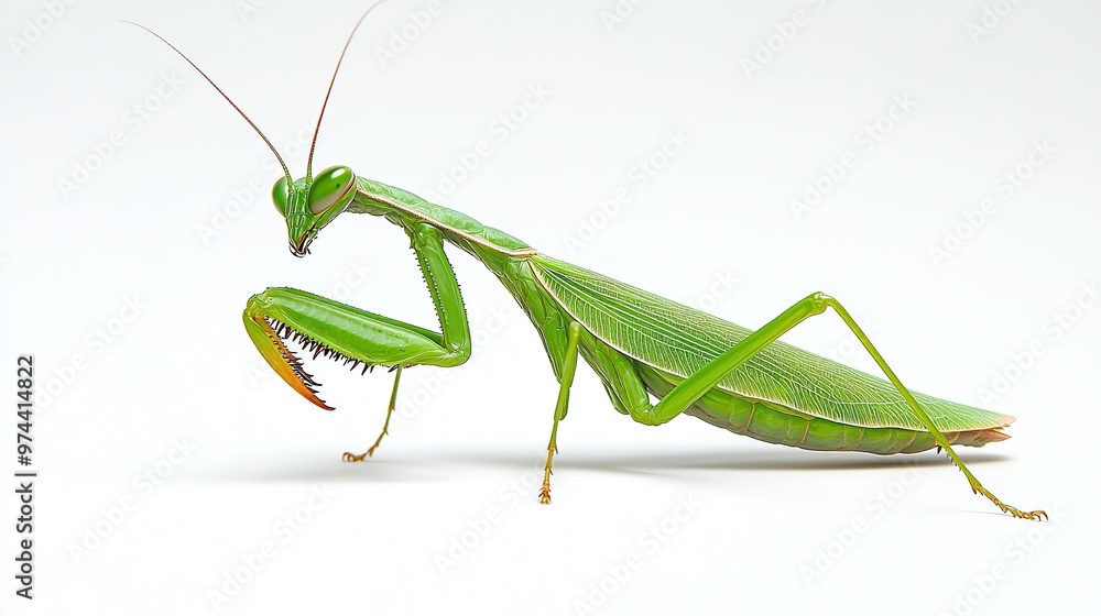 Praying mantis insect on white background in a detailed macro shot Praying mantis insect on white background in a detailed macro shot